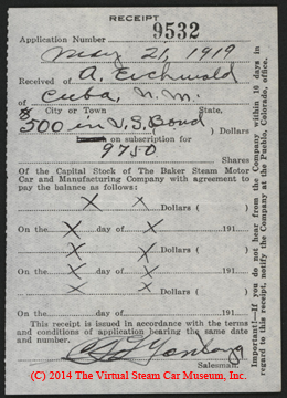 Baker Steam Motor Car and Manufacturing Company, May 21, 1919, $500 Receipt for Capital Stock, A. Eichwald, Cuba, NM